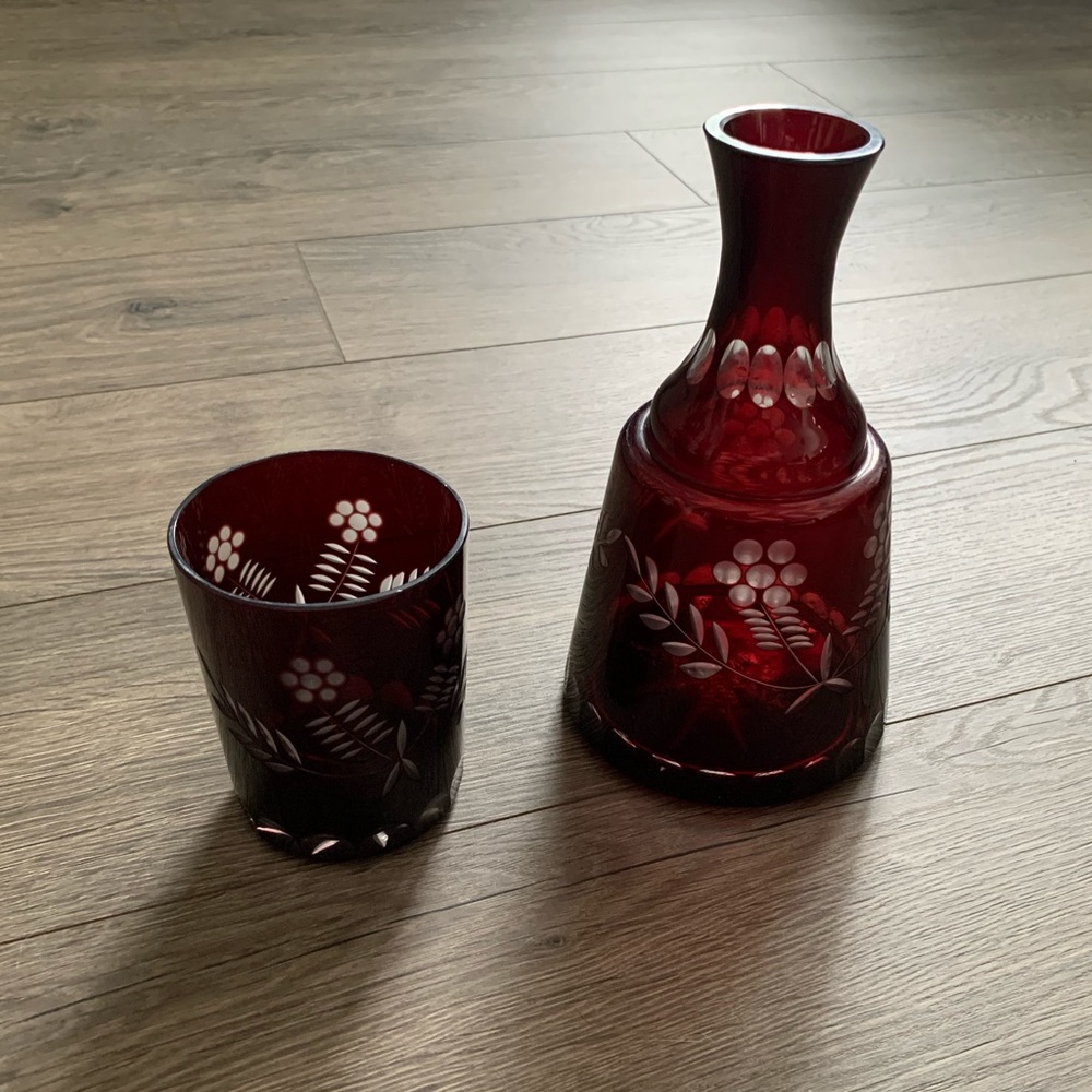 Bohemian Ruby Red Etched Glass Decanter and Glass